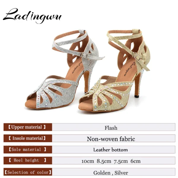Elegantes Zapatos dorados/plateados para baile de salón, con diamantes de imitación - Imagen 2