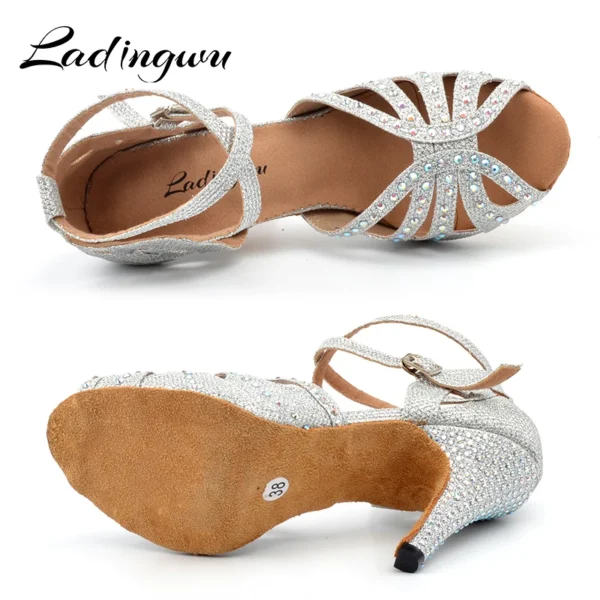 Elegantes Zapatos dorados/plateados para baile de salón, con diamantes de imitación - Imagen 4