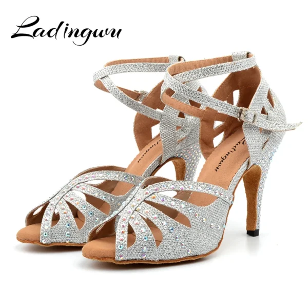 Elegantes Zapatos dorados/plateados para baile de salón, con diamantes de imitación