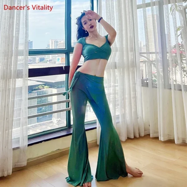 Conjunto de Ropa de Danza del Vientre para Mujer - Top de Manga Corta y Pantalones Abiertos - Imagen 5