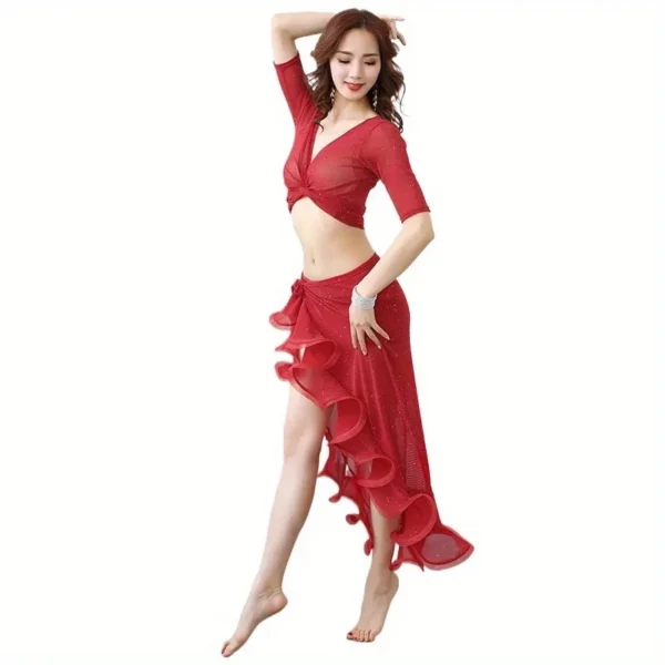 Conjunto de Práctica de Danza del Vientre Verde - Comodidad y Estilo para Cada Movimiento - Imagen 3