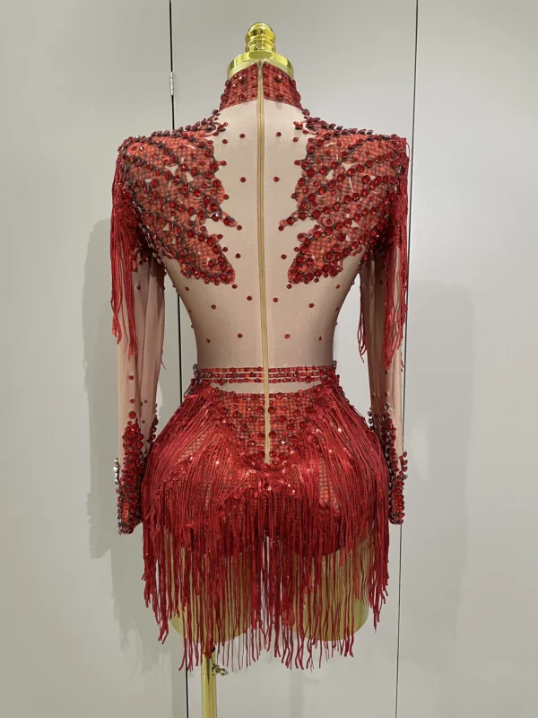 Body Elástico con Borlas y Lentejuelas Brillantes – Traje de Actuación para Baile Latino - Imagen 6