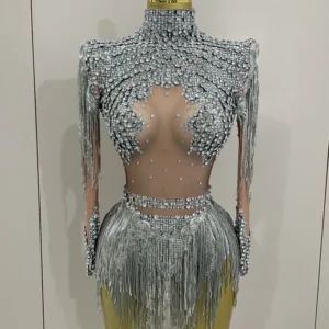 Body Elástico con Borlas y Lentejuelas Brillantes – Traje de Actuación para Baile Latino