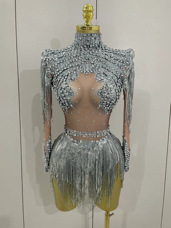 Body Elástico con Borlas y Lentejuelas Brillantes – Traje de Actuación para Baile Latino