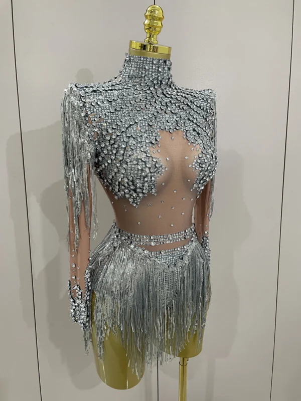 Body Elástico con Borlas y Lentejuelas Brillantes – Traje de Actuación para Baile Latino - Imagen 2