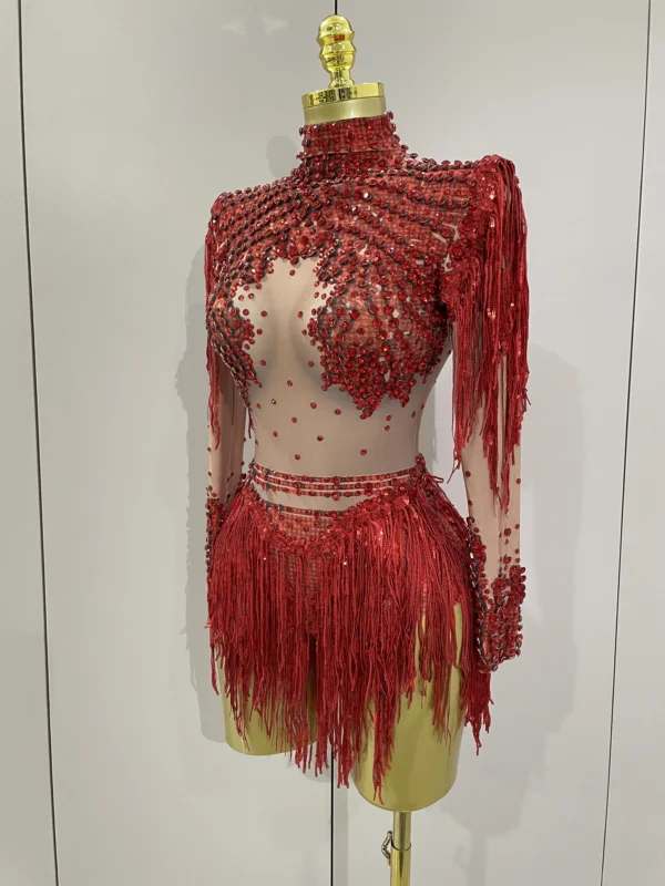 Body Elástico con Borlas y Lentejuelas Brillantes – Traje de Actuación para Baile Latino - Imagen 5