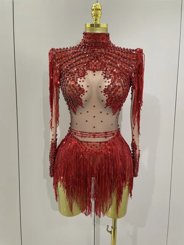 Body Elástico con Borlas y Lentejuelas Brillantes – Traje de Actuación para Baile Latino - Imagen 4