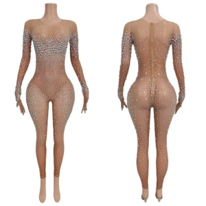 Mono de Malla Transparente con Diamantes de Imitación Brillantes para Mujer – Glamour y Elegancia para Cada Actuación