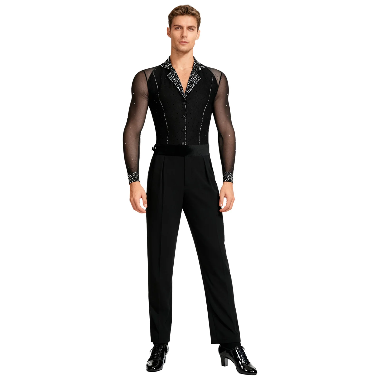 Conjunto de Baile Latino para Hombre | Leotardo de Malla con Diamantes y Pantalones de Gala - Imagen 4