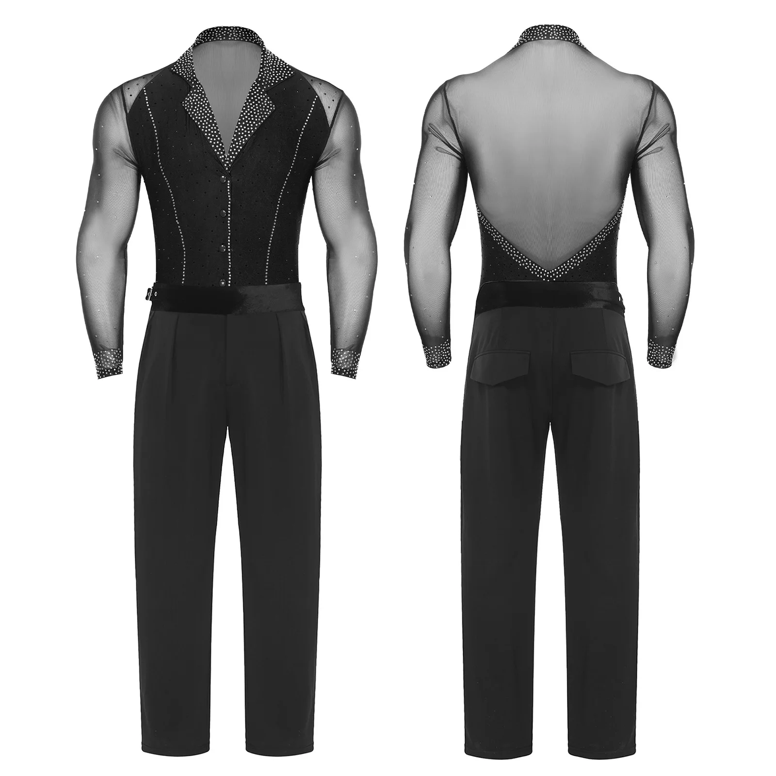 Conjunto de Baile Latino para Hombre | Leotardo de Malla con Diamantes y Pantalones de Gala - Imagen 5