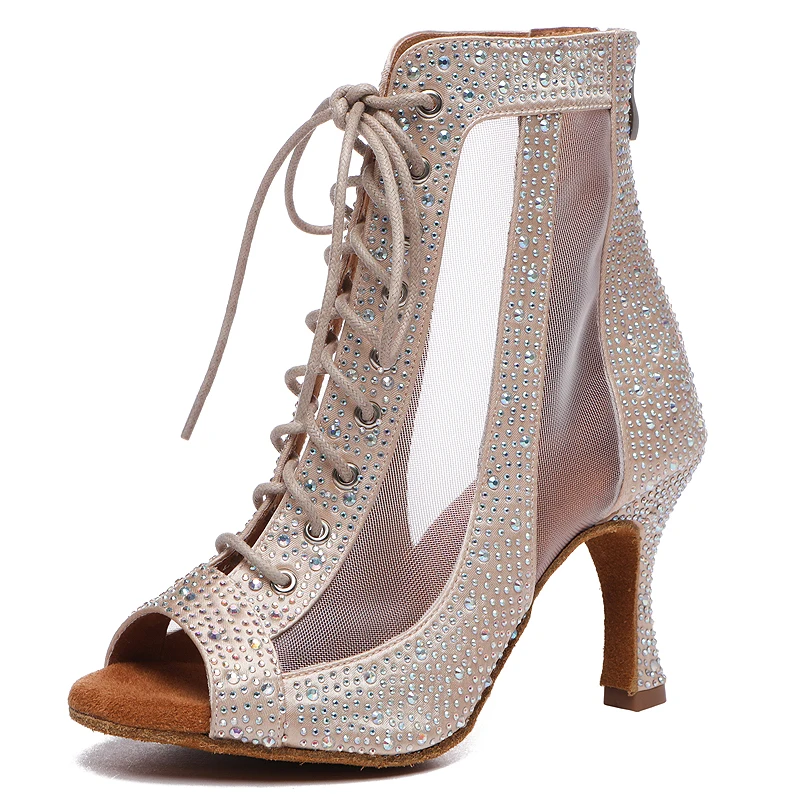 Botas de Baile Latino Negras de Satén y Malla con Tacón Medio | Elegancia y Sujeción - Imagen 2