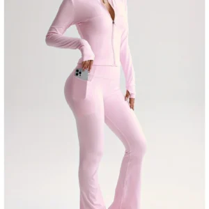 Conjunto de Yoga "Nude Feeling" con Pantalones Acampanados y Top de Cremallera con Solapa